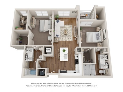 Floor plan for 2 beds, 2 baths, 1105 sqft